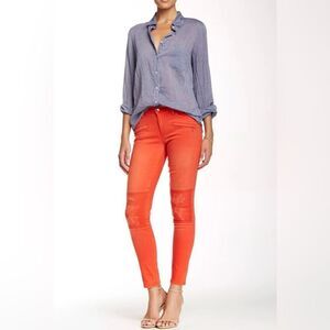 True Religion Sunset Coral Orange Halle Midrise Super Skinny Jeans Moto Biker 28
